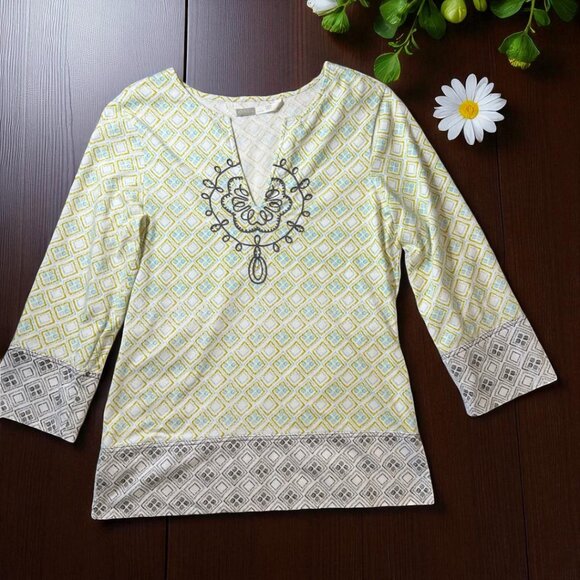 Athleta cotton tunic top - white w/green print and embroidery - Picture 1 of 8